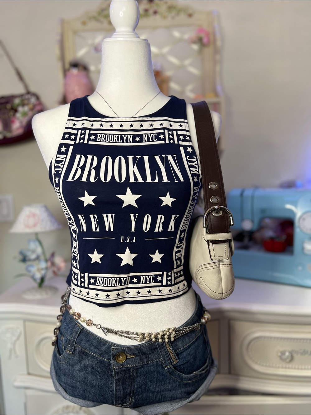 H&M Navy Brooklyn Graphic Crop Top